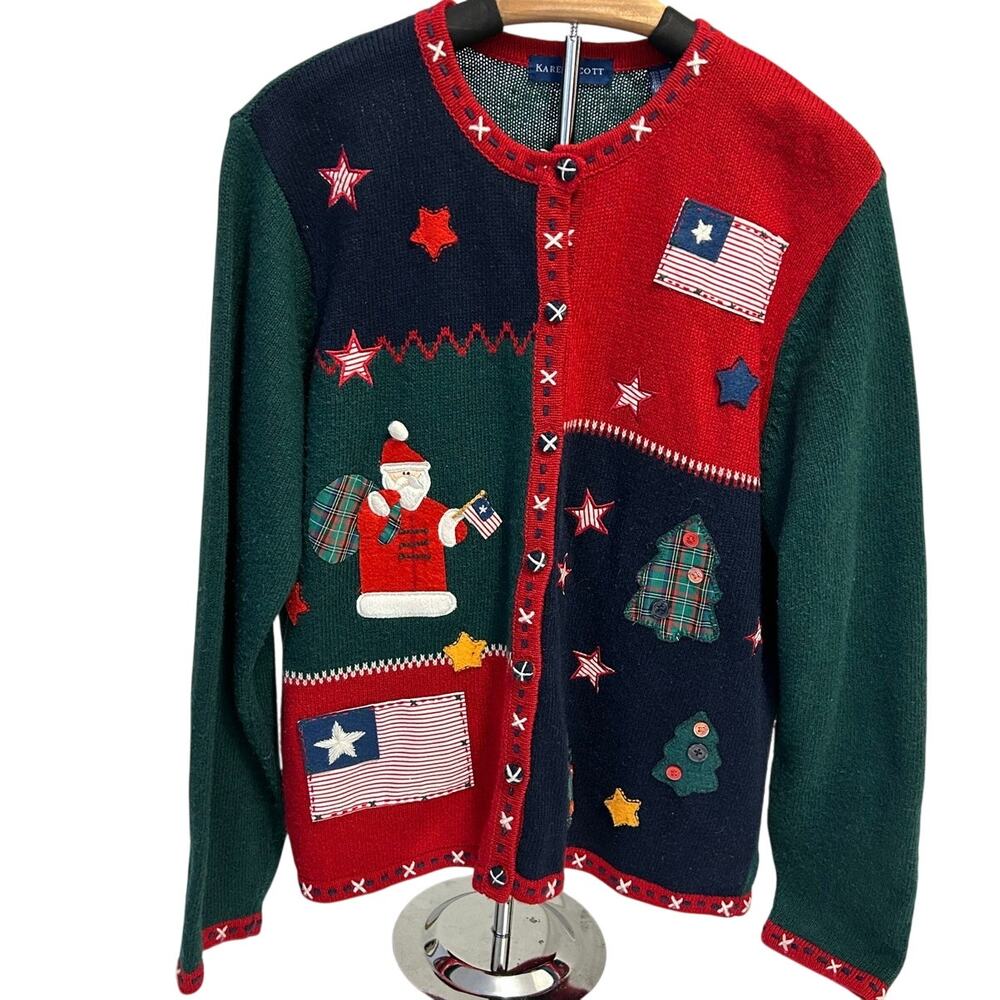 Karen Scott Christmas Cadigan patchwork design Santa Claus and American Flags